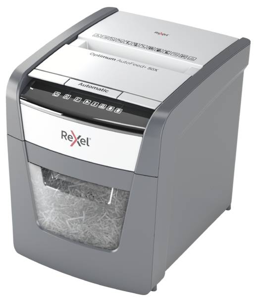 Rexel Optimum AutoFeed+ 50X Niszczarka 50 ark. Mikronacięcia 4 x 28 mm P-4 20 l Niszczy także spinacze do papieru, zszyw