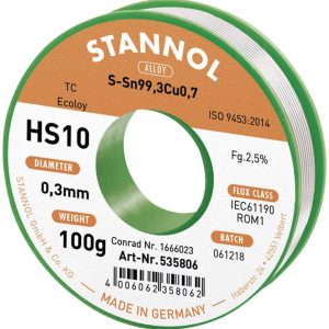Cyna lutownicza bezołowiowa Stannol HS10 2,5% 0,3MM SN99,3CU0,7 CD 100G bezołowiowa, szpula Sn99,3Cu0,7 ROM1 100 g 0.3 m