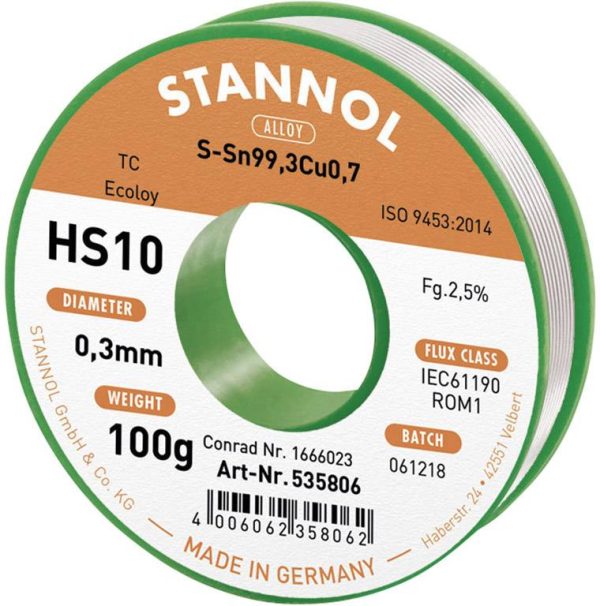 Cyna lutownicza bezołowiowa Stannol HS10 2,5% 0,3MM SN99,3CU0,7 CD 100G bezołowiowa, szpula Sn99,3Cu0,7 ROM1 100 g 0.3 m