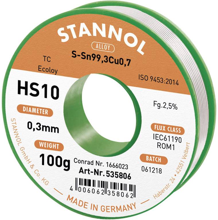 Cyna lutownicza bezołowiowa Stannol HS10 2,5% 0,3MM SN99,3CU0,7 CD 100G bezołowiowa, szpula Sn99,3Cu0,7 ROM1 100 g 0.3 m - obrazek 1
