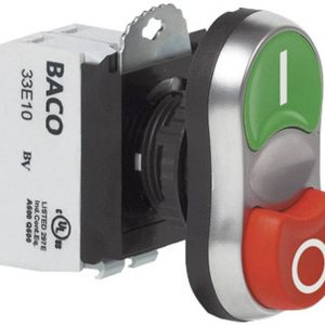 Przycisk podwójny BACO L61QB21A, 53,9 mm, 22,3 mm, IP66, I / O, max 600 V, 1 NO, 1 NC Przycisk podwójny BACO L61QB21A, 53,9 mm, 22,3 mm, IP66, I / O, max 600 V, 1 NO, 1 NC