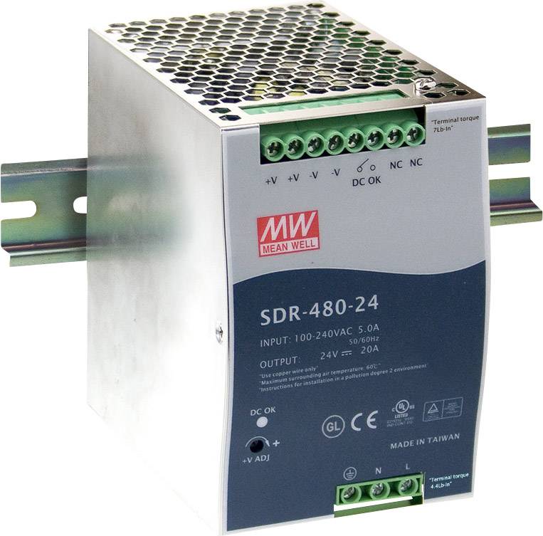 Zasilacz na szynę DIN MEAN WELL SDR-480-48, 48 V/DC, 10 A, 480 W - obrazek 1