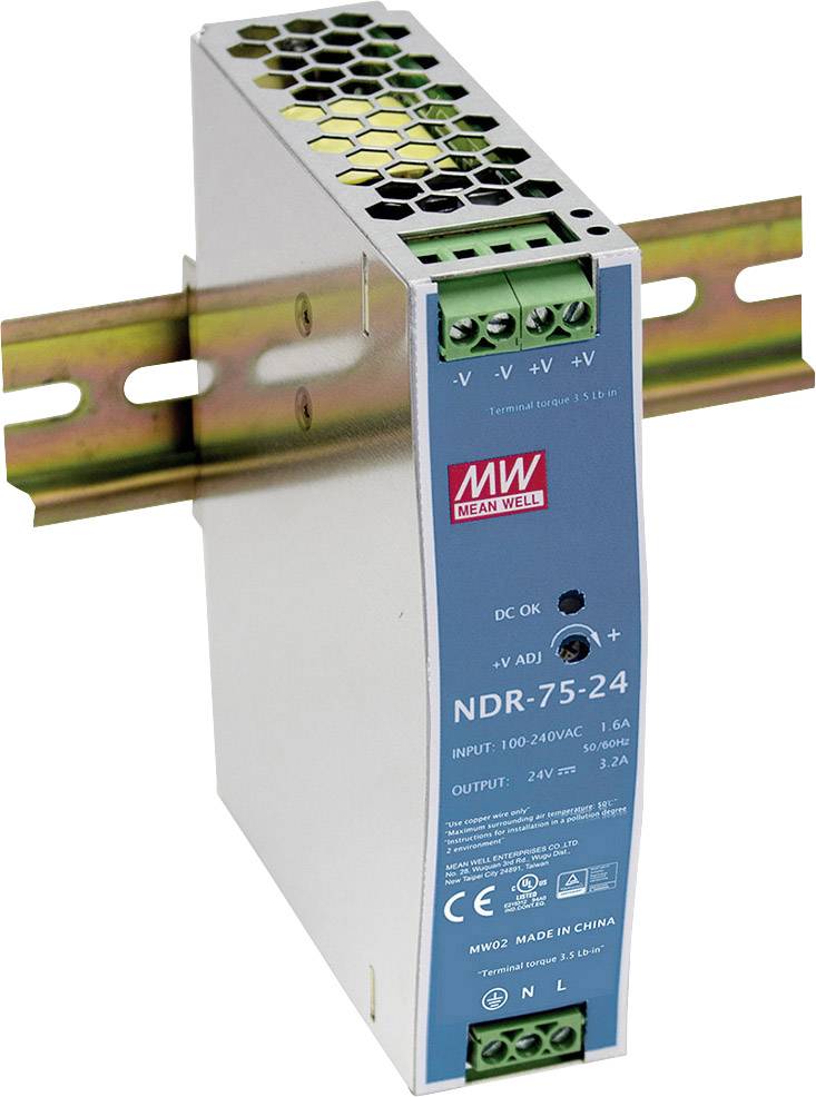 Zasilacz na szynę DIN MEAN WELL NDR-75-12, 12 V/DC, 6.3 A, 75 W - obrazek 1