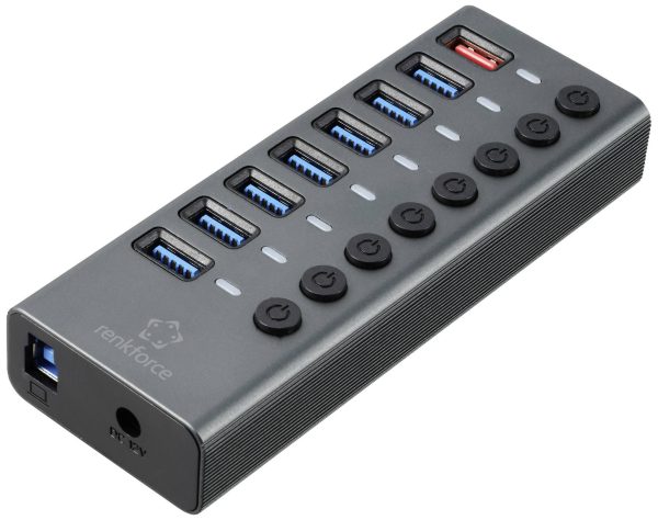 Renkforce RF-6049086 USB-Hub 8 USB-A USB 3.2 Gen2 10 GBit/s indywidualne wyłączanie, z diodą LED statusu, aluminiowa obu