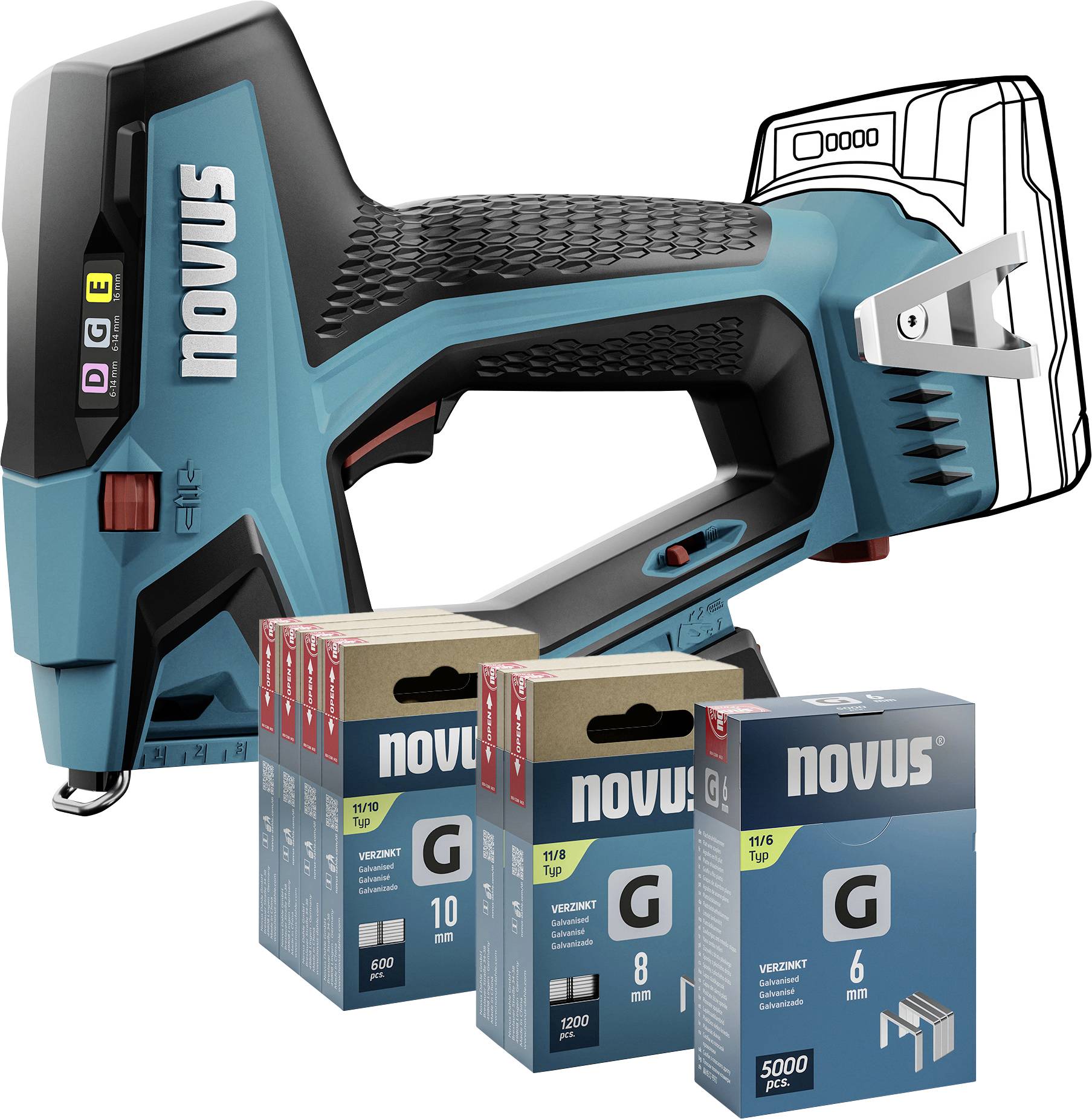 Zszywacz akumulatorowy Novus Tools 031-0374 Rodzaj zszywek Typ 11, Typ 53F Długość zszywek 6 - 14 mm bez akumulatora, be - obrazek 1