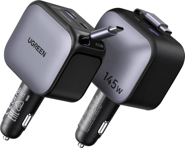 UGREEN EC604 145W Car Charger 2C1A Ładowarka samochodowa 145 W złącze żeńskie USB-C, złącze męskie USB-C, Gniazdo USB ty