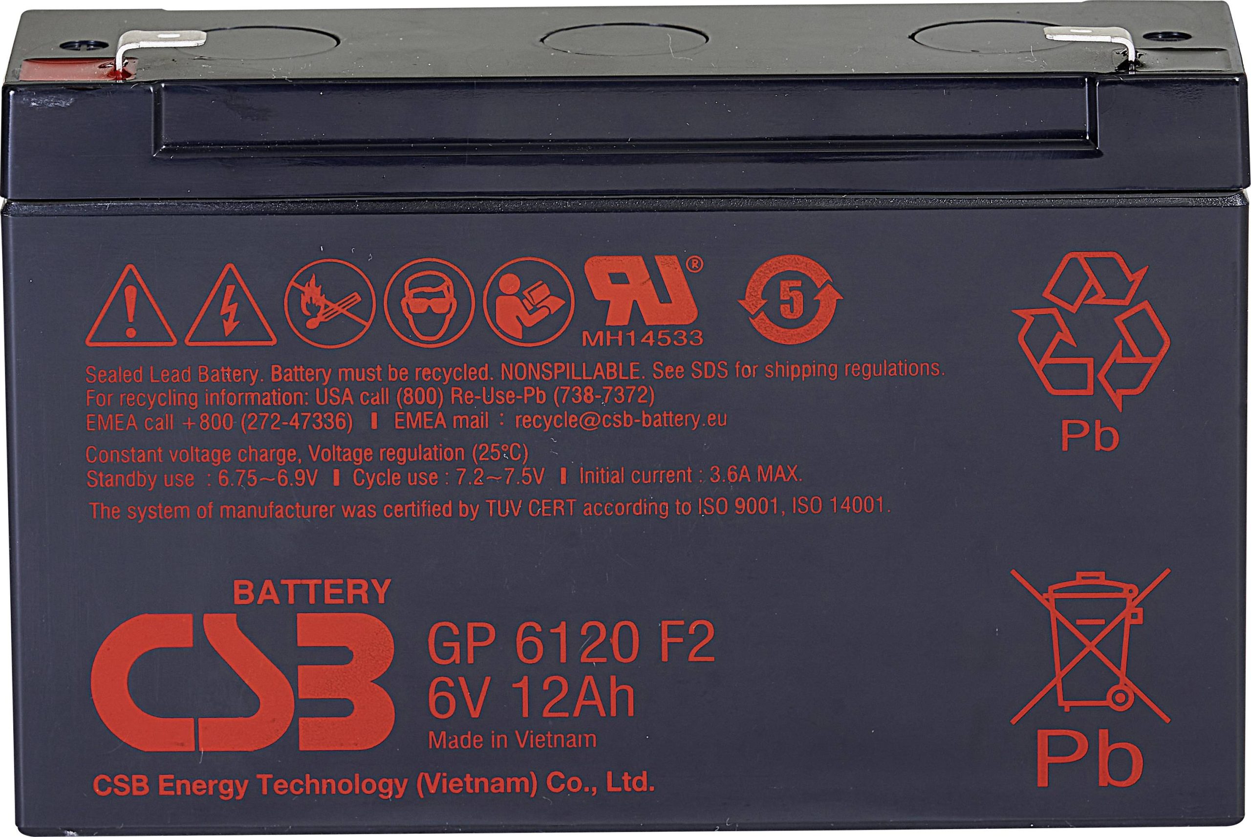 Akumulator ołowiowy CSB Battery GP 6120 Standby USV GP6120F2, AGM, 6 V, 12 Ah - obrazek 1