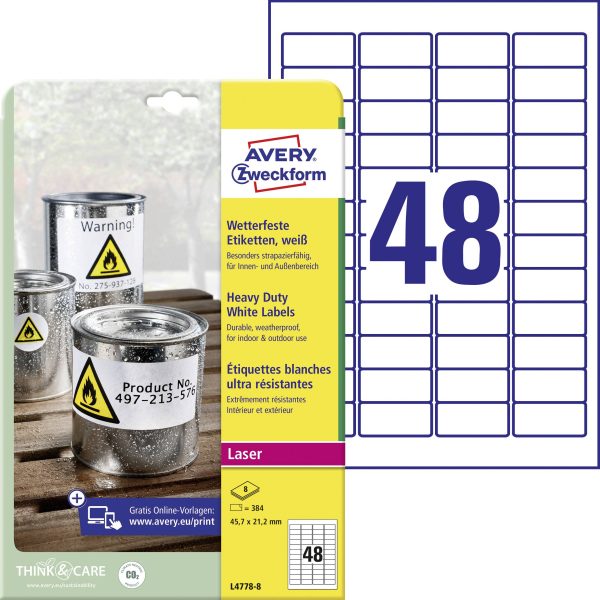 Avery-Zweckform L4778-8 Etykiety odporne na warunki atmosferyczne 45.7 x 21.2 mm Folia poliestrowa biały 384 szt. Trwały