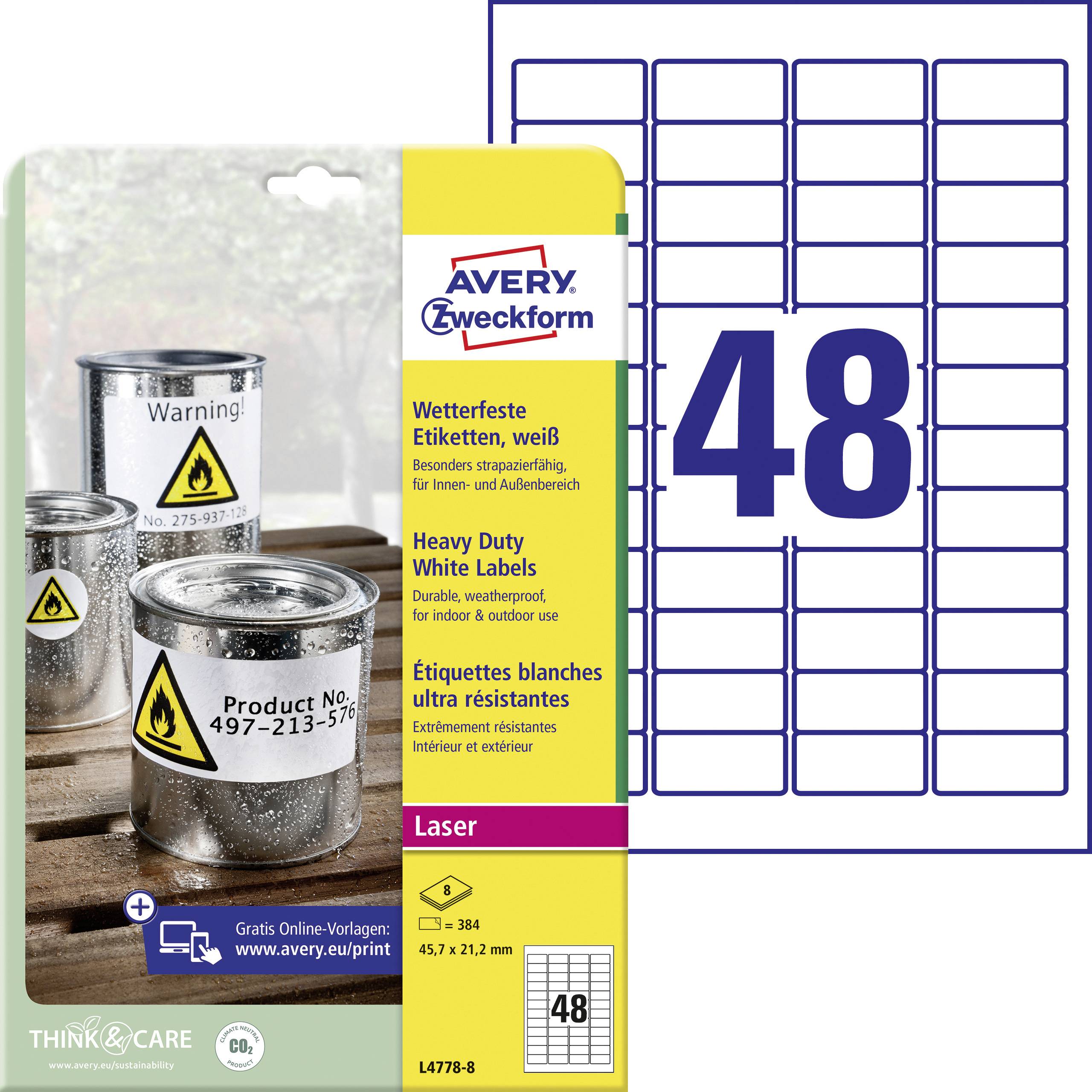 Avery-Zweckform L4778-8 Etykiety odporne na warunki atmosferyczne 45.7 x 21.2 mm Folia poliestrowa biały 384 szt. Trwały - obrazek 1