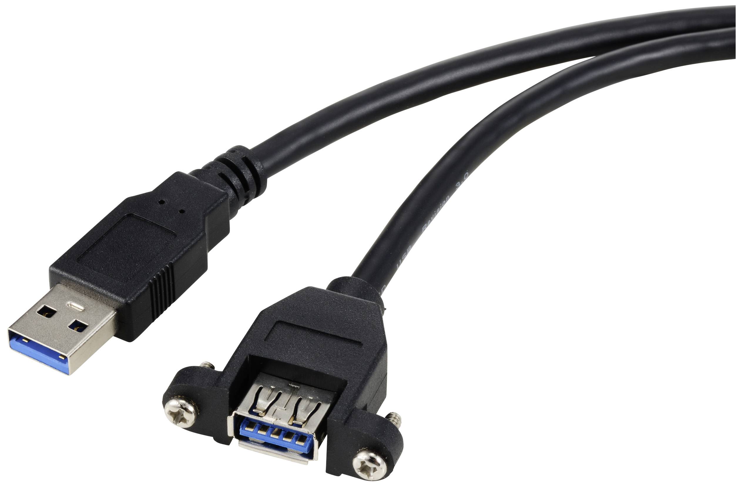 Renkforce Kabel USB USB 3.0 Złącze męskie USB-A, Złącze żeńskie USB-A 1.00 m czarny do instalacji, ze złączem śrubowym R - obrazek 1