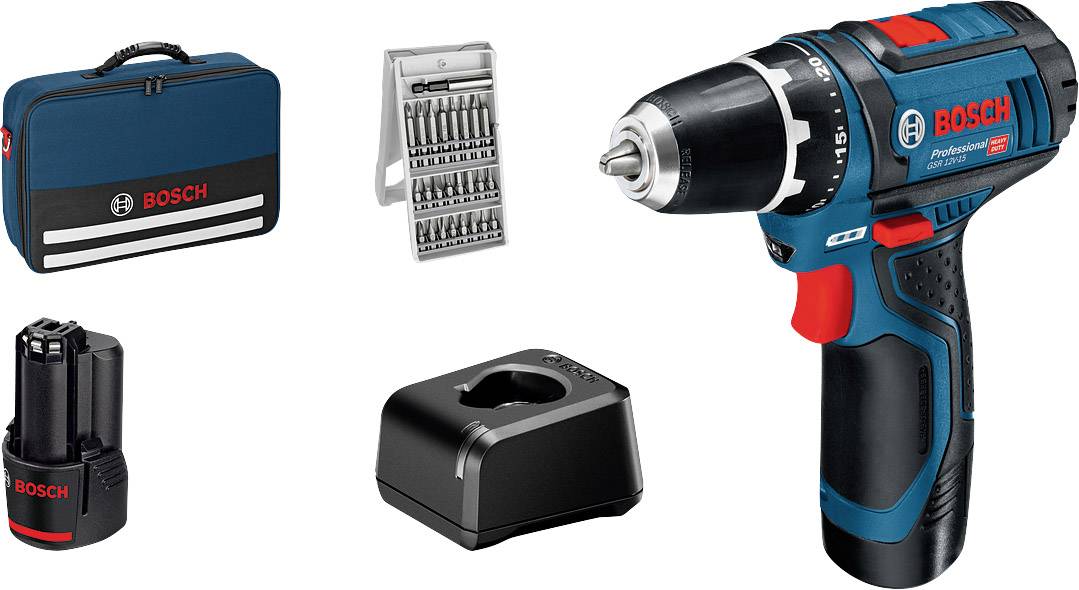 Wiertarka akumulatorowa Bosch Professional Akku-Bohrschrauber GSR 12V-15 Set 2x2,0Ah, GAL12V-20, Zubehör 25tlg,Tasche 06 - obrazek 1