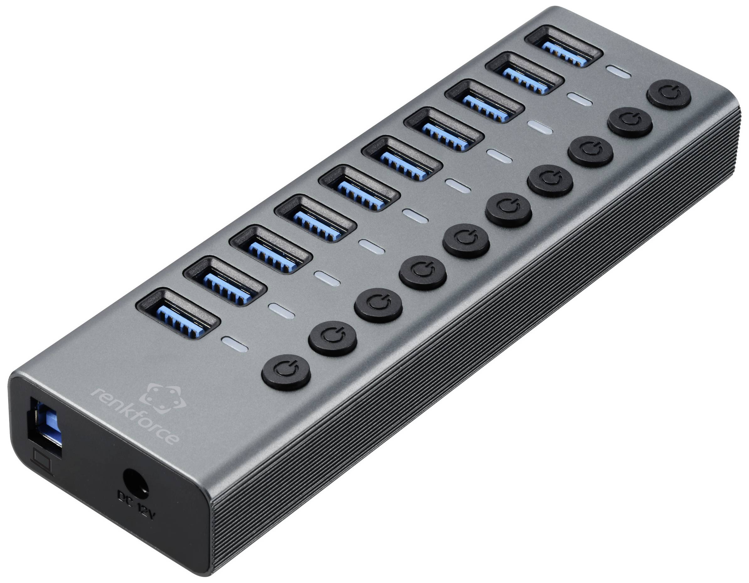 Renkforce RF-6027504 USB-Hub 10 Portów USB-A USB 3.1 Gen2 10 GBit/s indywidualne wyłączanie, aluminiowa obudowa srebrny - obrazek 1