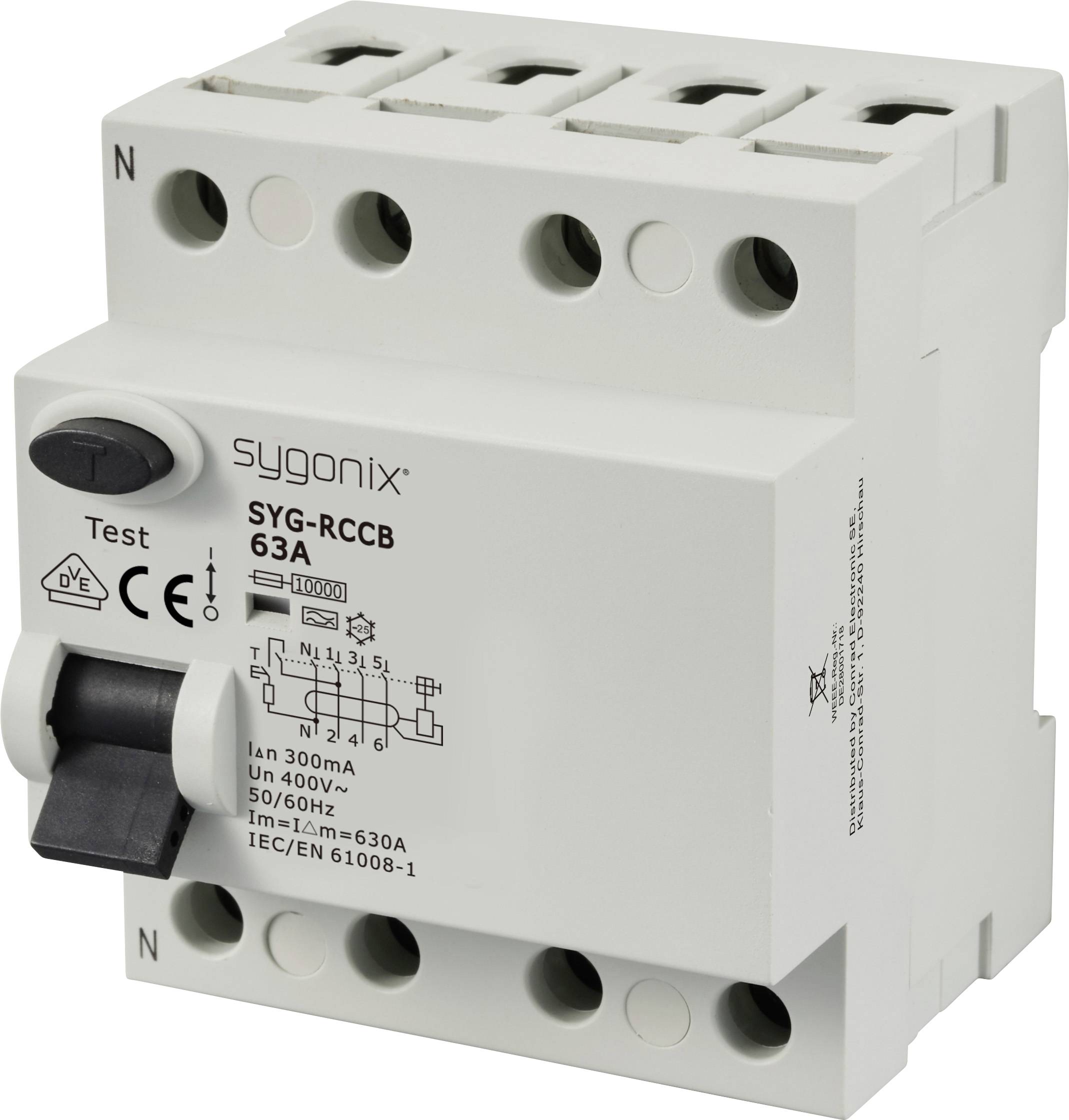 Wyłącznik różnicowoprądowy Sygonix SY-6438024, 4 styki, 63 A, 0.3 A, 400 V/AC - obrazek 1