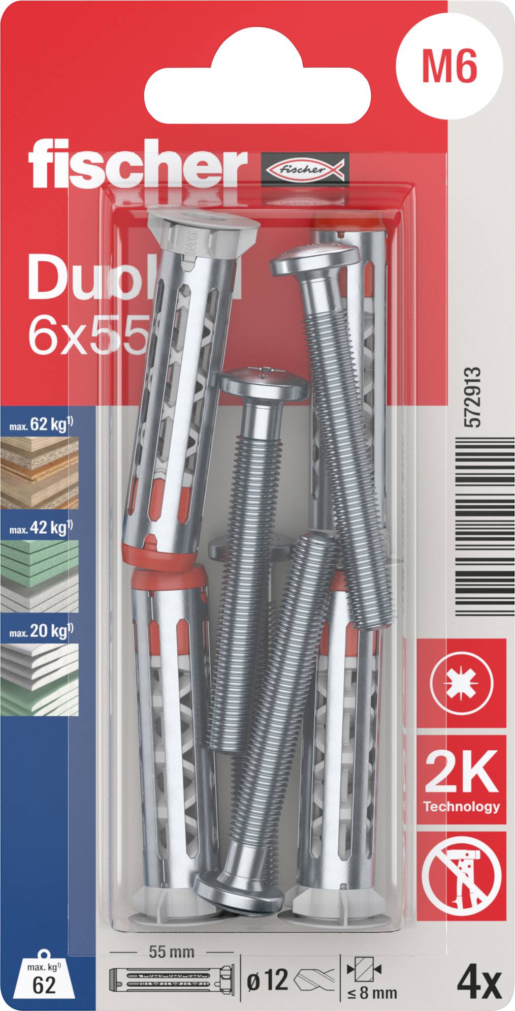 Fischer 572913 DuoHM 6x55 S PH PZ Kotwa do pustaków ściennych 55 mm 4 szt. - obrazek 1