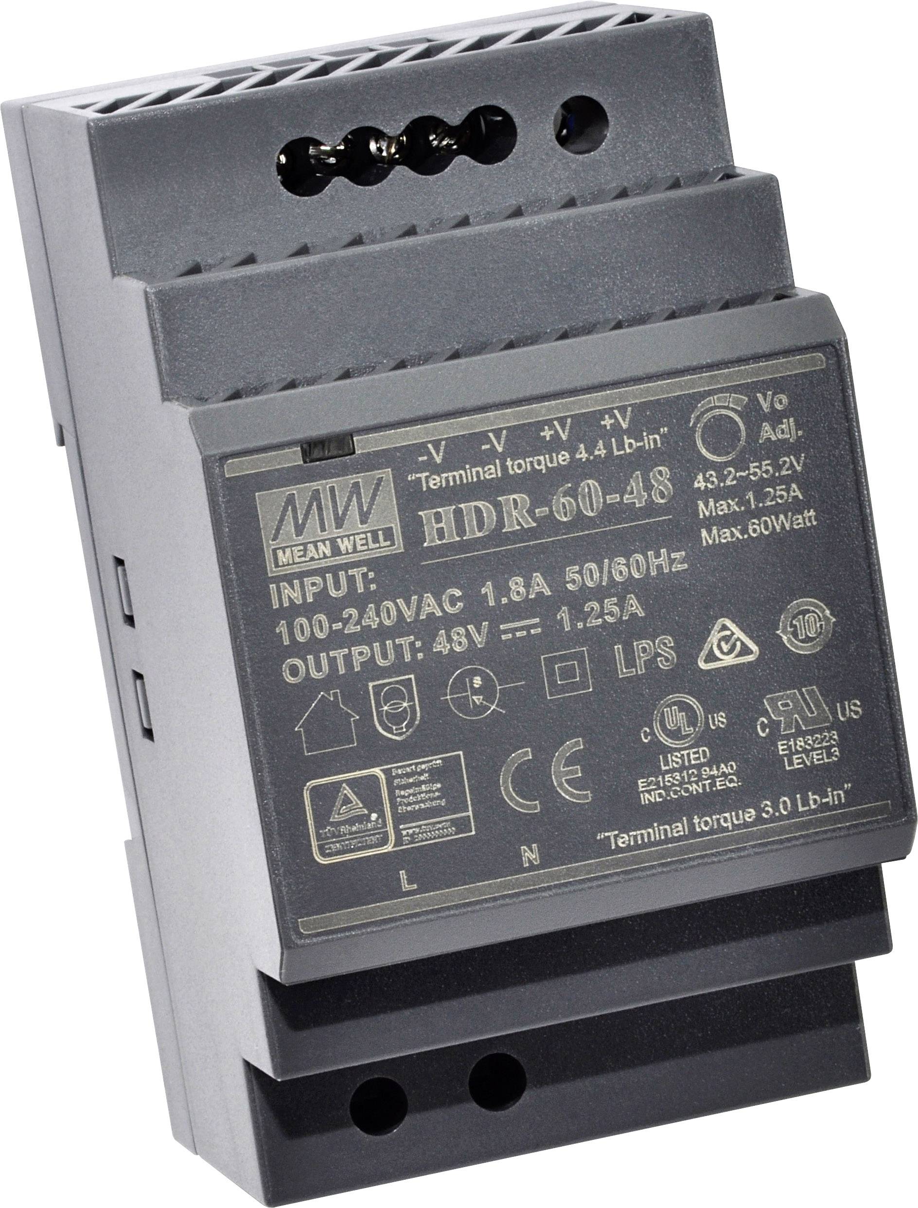 MEAN WELL HDR-60-15 Zasilacz na szynę DIN 15 V/DC 4 A 60 W Ilość wyjść:1 x Opis 1 szt. - obrazek 1