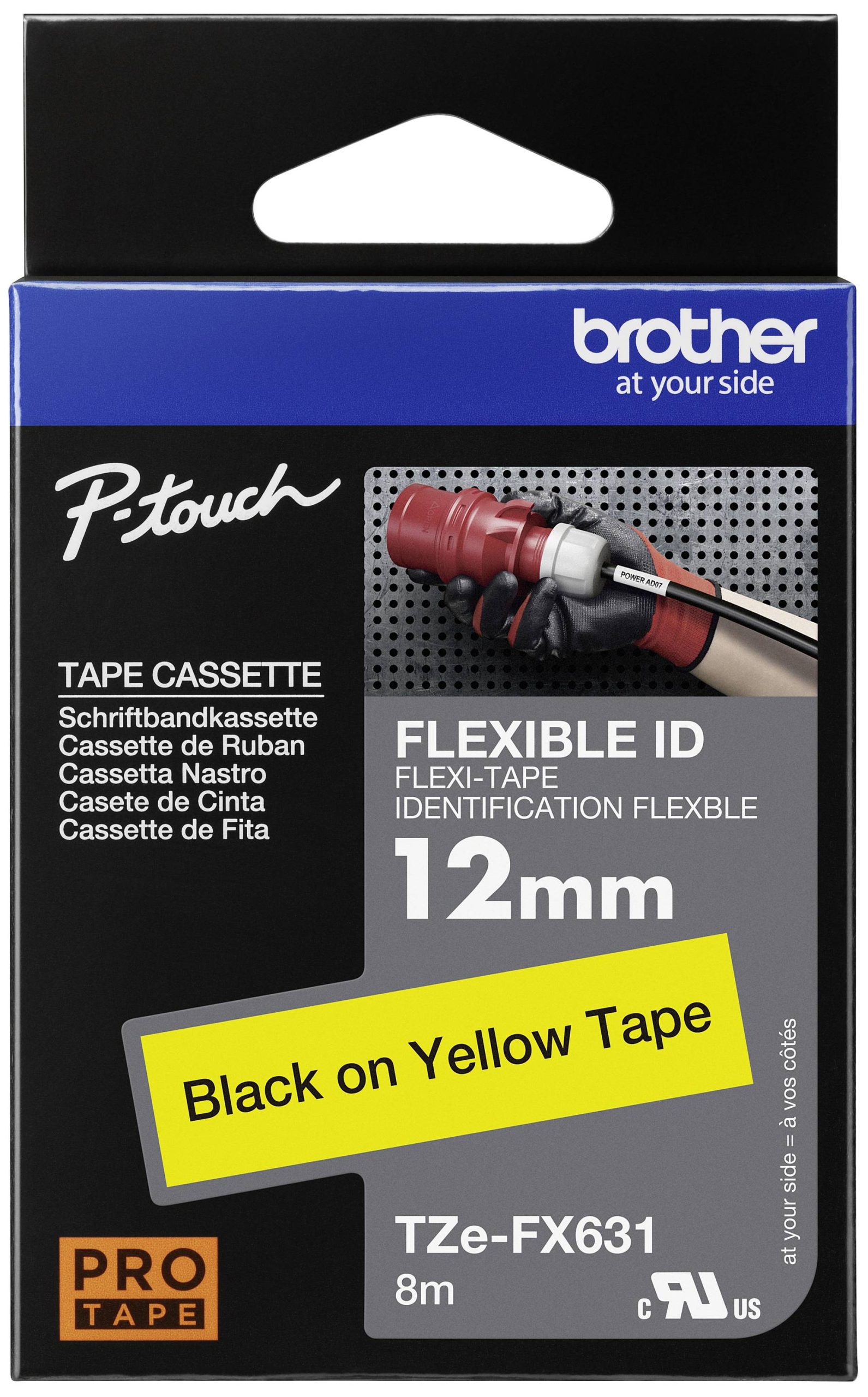Taśma do nadruku Brother TZEFX631, 12 mm x 8 m, Kolor taśmy: żółty / Kolor nadruku: czarny - obrazek 1