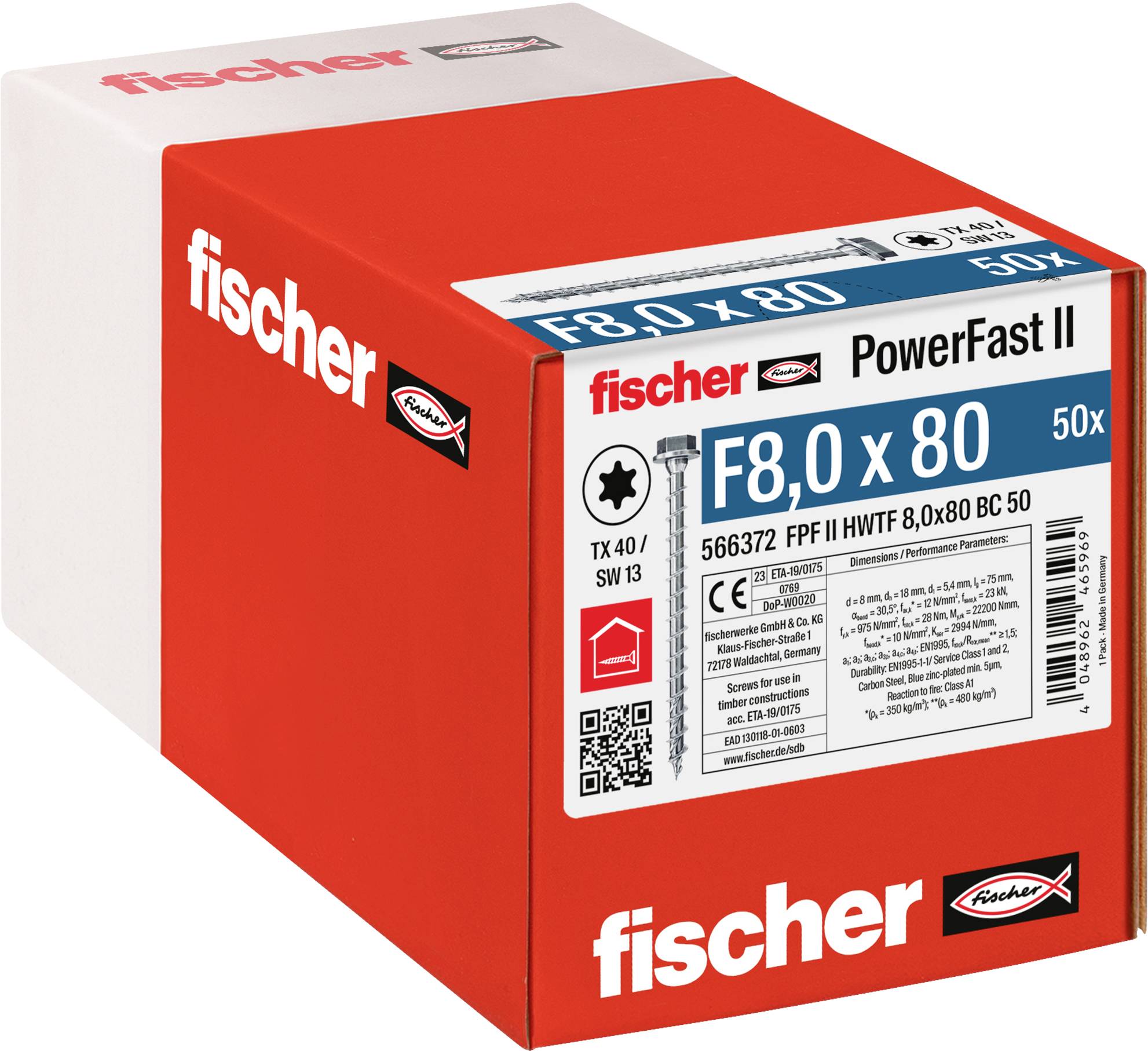 Fischer 566372 PowerFast II Wkręt do drewna z łbem sześciokątnym 8 mm 80 mm Wewnętrzna ząbkowana stal cynkowany galwanic - obrazek 1