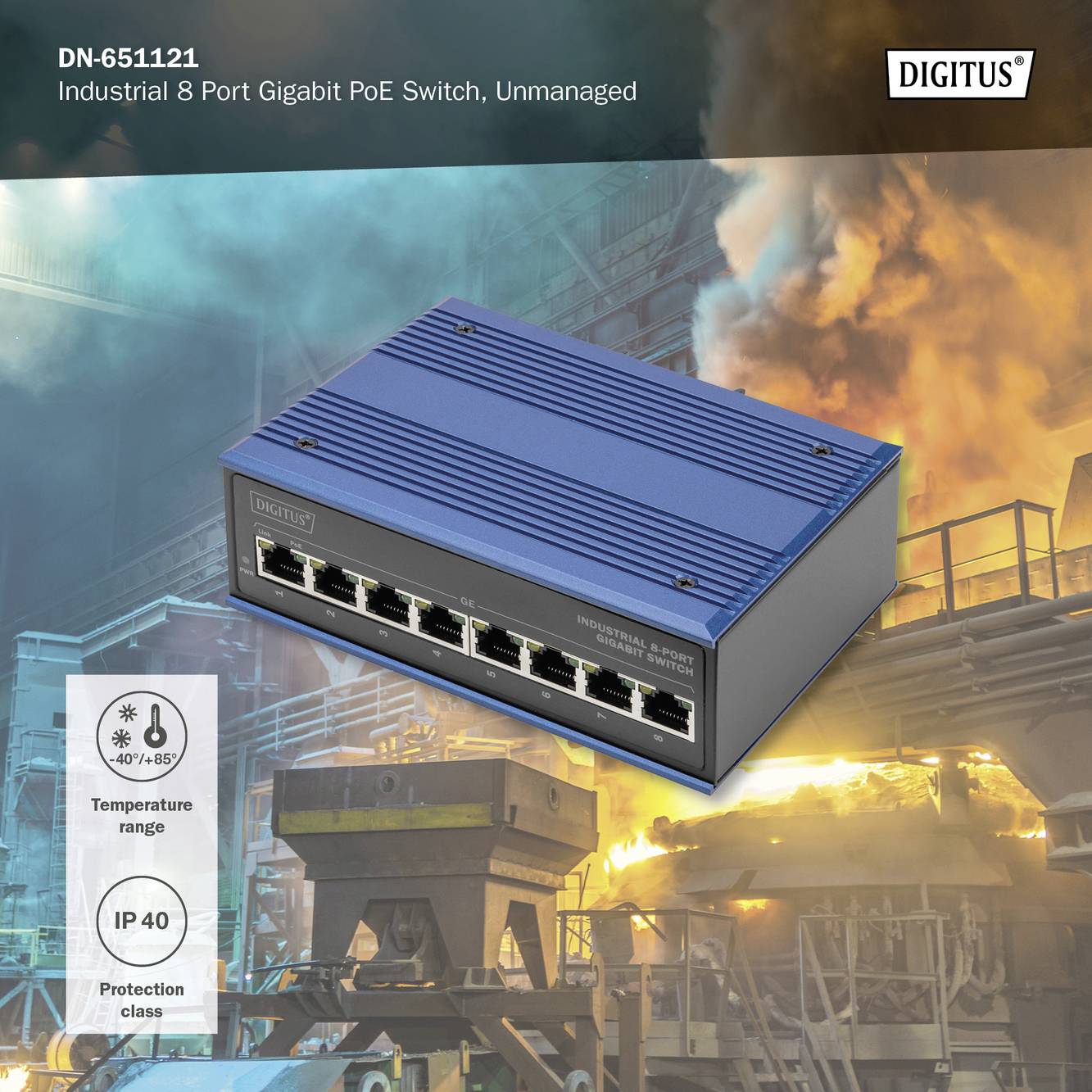 Digitus DN-651121 Switch przemysłowy Ethernet 10 / 100 / 1000 MBit/s IEEE 802.3af (12.95 W), IEEE 802.3at (25.5 W) - obrazek 1